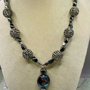 Gunmetal Globe and Hematite Beaded Toggle Closure Necklace with Glass Pendant